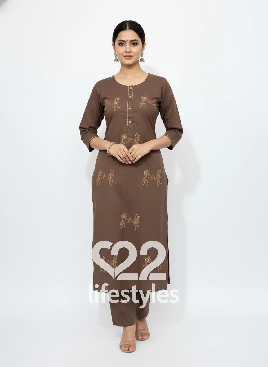 Brown Kantha Work Readymade Salwar Suit