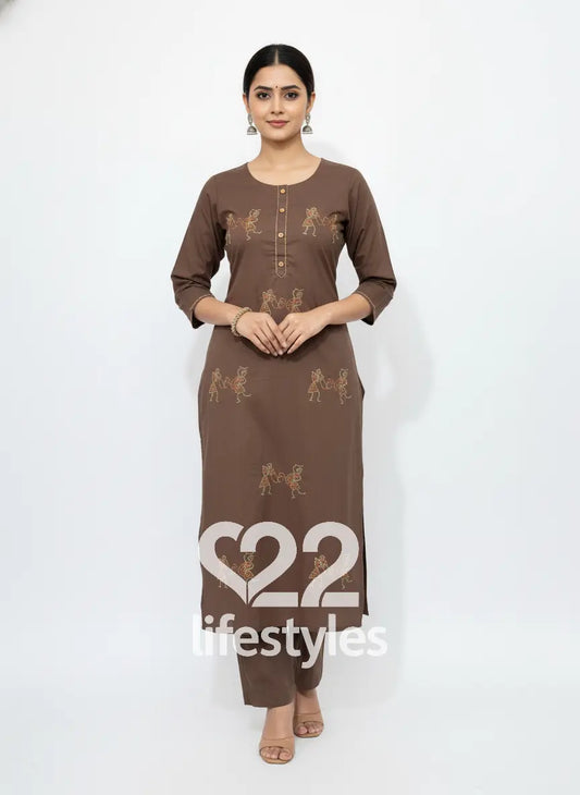 Brown Kantha Work Readymade Salwar Suit