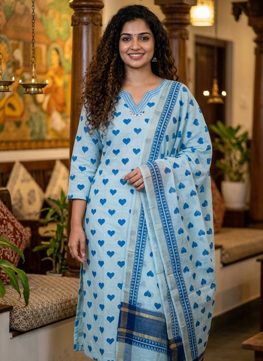Handloom Printed kurti pant Dupatta sets