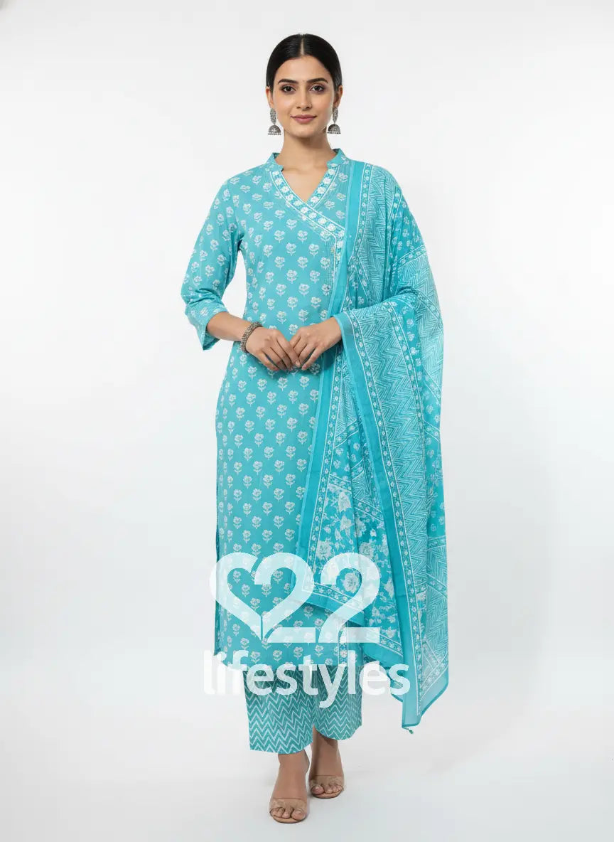 Turquoise Angrakha Handblock Readymade Salwar Suit