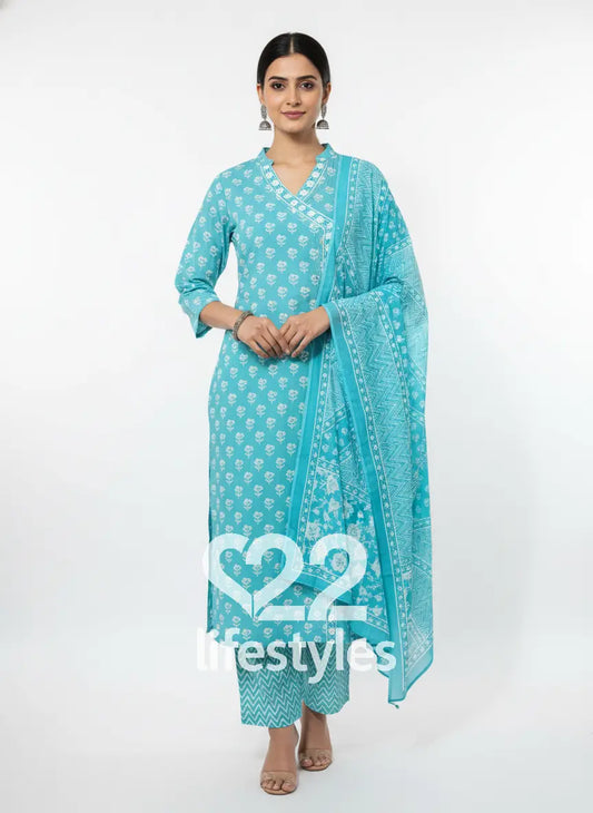 Turquoise Angrakha Handblock Readymade Salwar Suit
