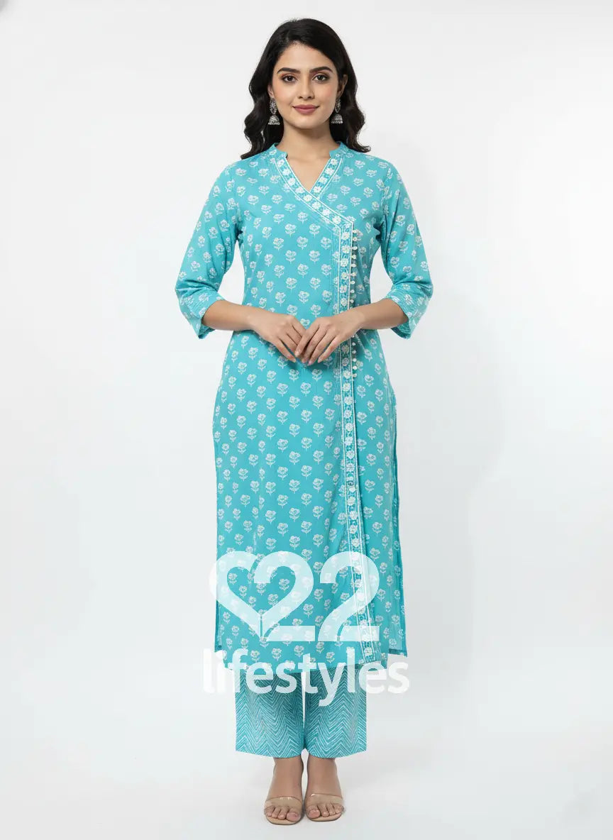 Turquoise Angrakha Handblock Readymade Salwar Suit