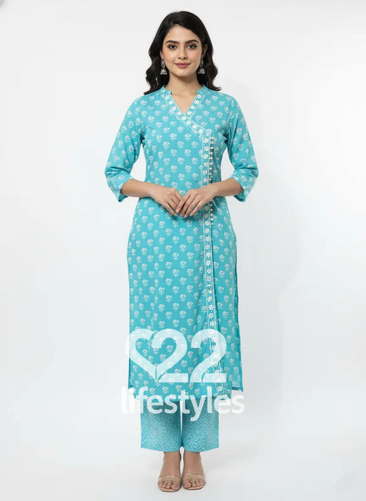 Turquoise Angrakha Handblock Readymade Salwar Suit