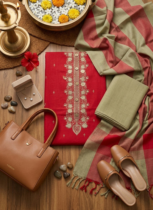 Handloom Red Salwar Suit Dress Material