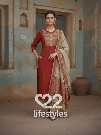 Washed Handloom Straight Suit Set with Woven Neckline Patch