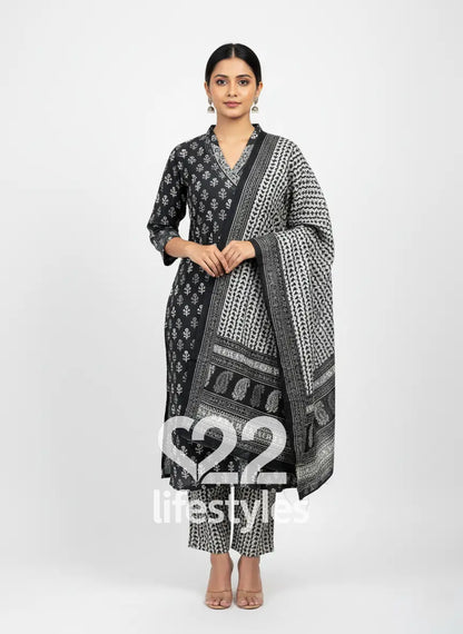 Black and White Handblock Readymade Salwar Suit