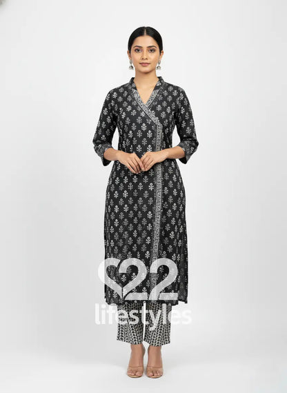 Black and White Handblock Readymade Salwar Suit