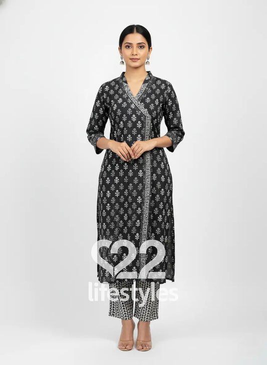 Black and White Handblock Readymade Salwar Suit