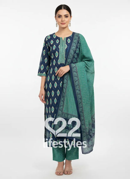 Blue Ikkat Print Handblock Readymade Salwar Suit