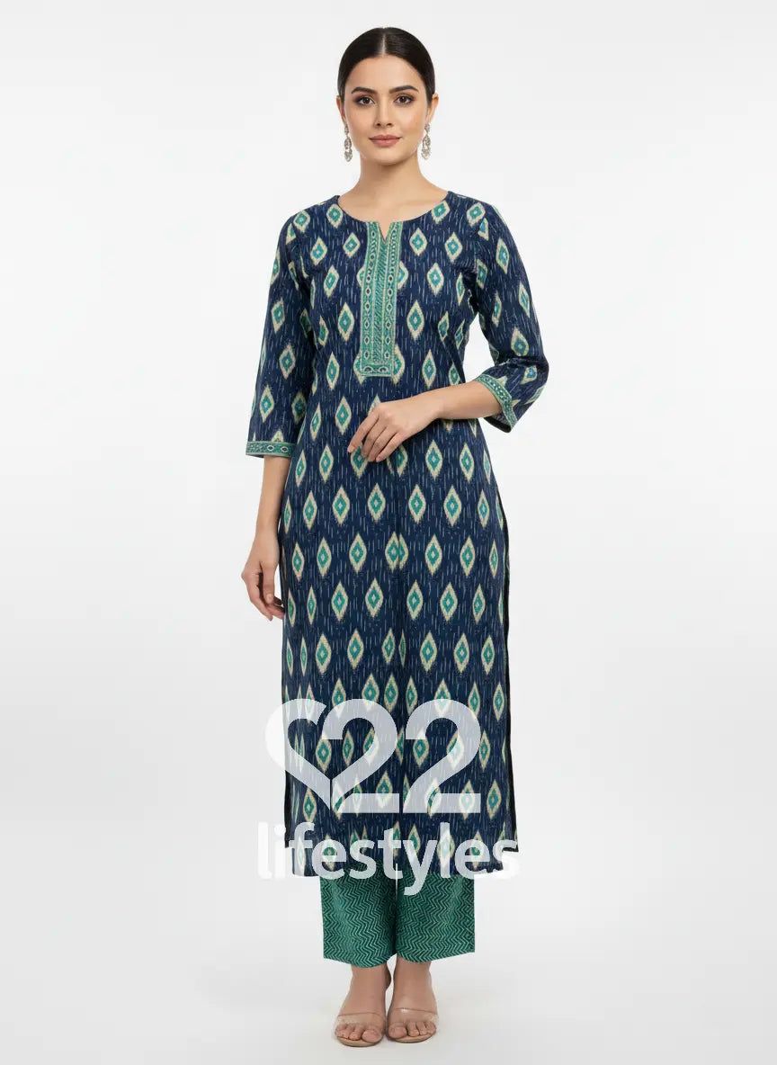 Blue Ikkat Print Handblock Readymade Salwar Suit