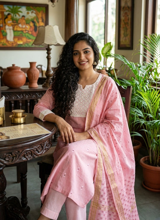 Handloom Pink kurti pant Dupatta sets