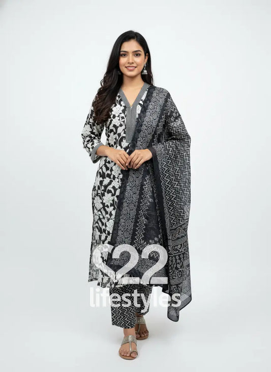 Black & White Handblock Floral Readymade Salwar Suit