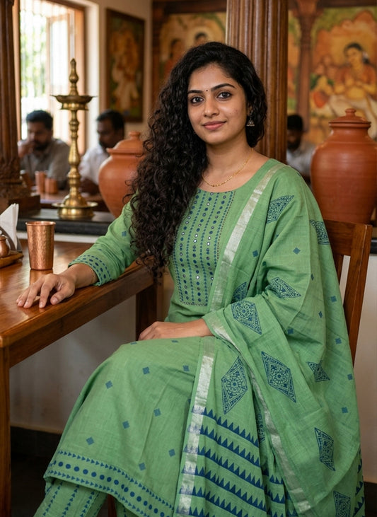 Handloom Green kurti pant Dupatta sets