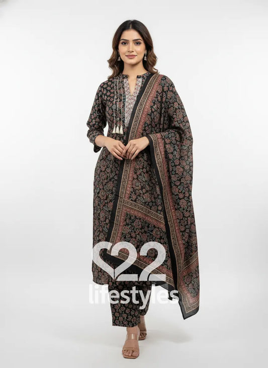 Black Kalamkari Handblock Pintucks Readymade Salwar Suit