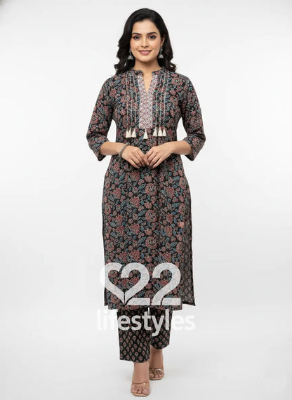 Black Kalamkari Handblock Pintucks Readymade Salwar Suit