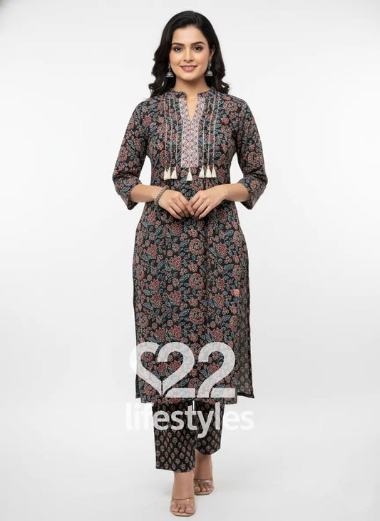 Black Kalamkari Handblock Pintucks Readymade Salwar Suit