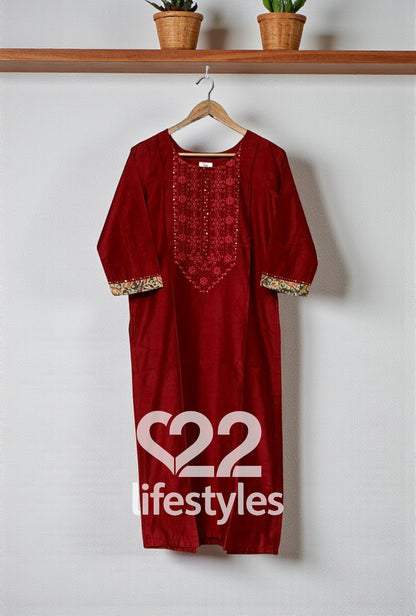 Maroon Pure Cotton Silk Kalamkari Straight Suit Set