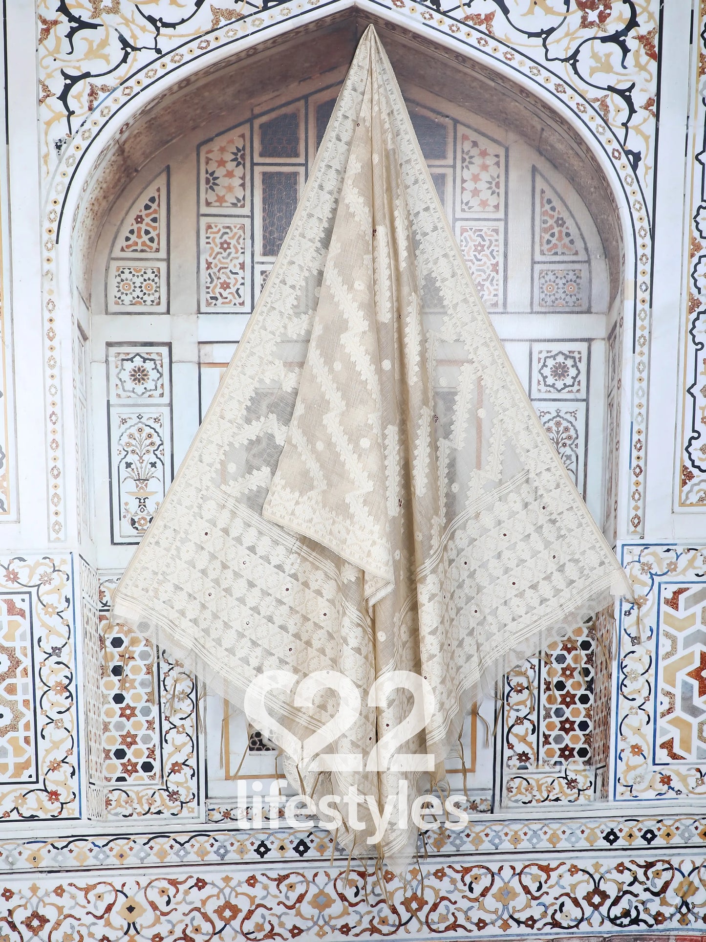 Beige Jamdani and Maheshwari Readymade Salwar Suit