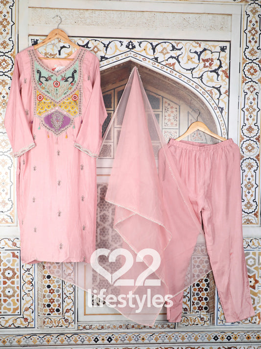 Blush Pink - Embroidered Yoke, Mirror & Sequin - Salwar Suit