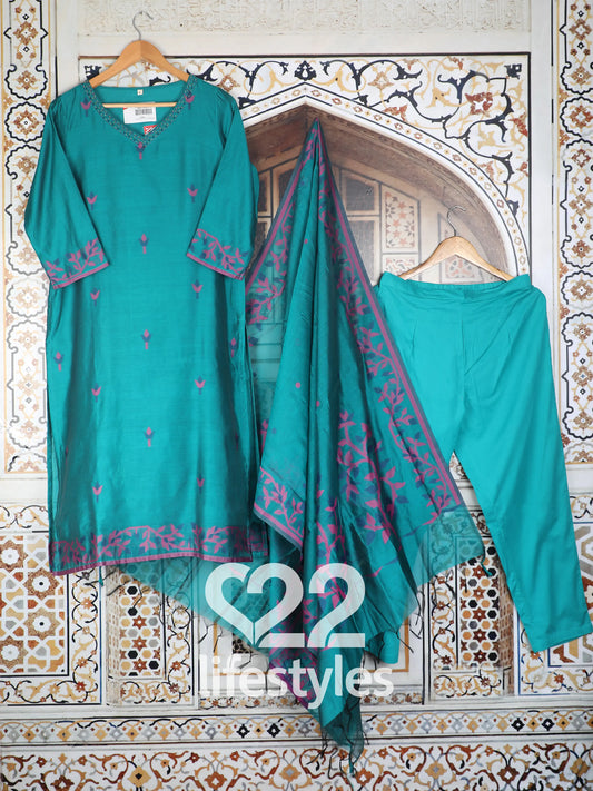 Maheshwari Jamdani Teal Readymade Salwar Suit Set