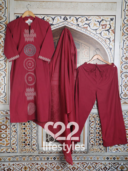 Maroon Cotton Readymade Salwar Suit Set