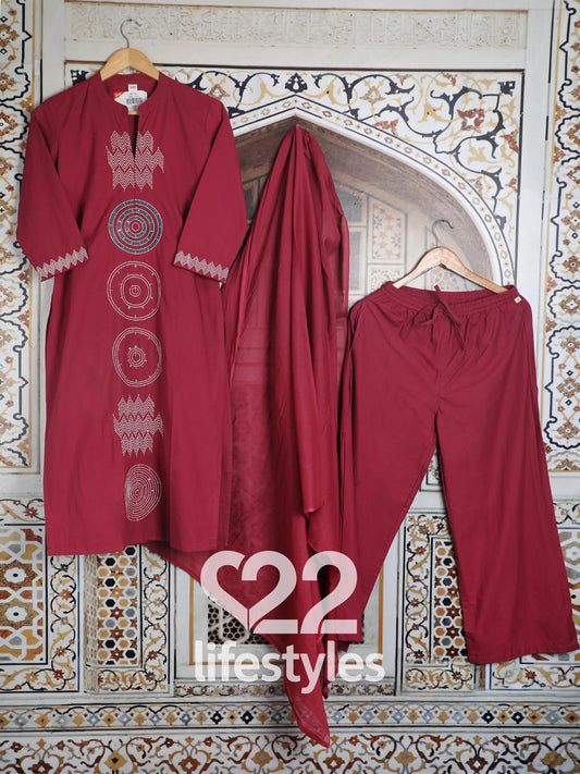 Maroon Cotton Readymade Salwar Suit Set