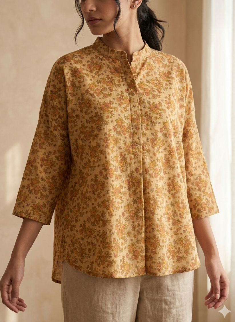 Pure cotton Beige shirt in handcrafted print.