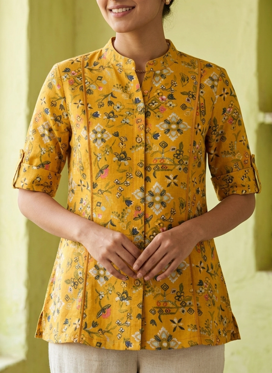 Pure linen shirt in handcrafted print