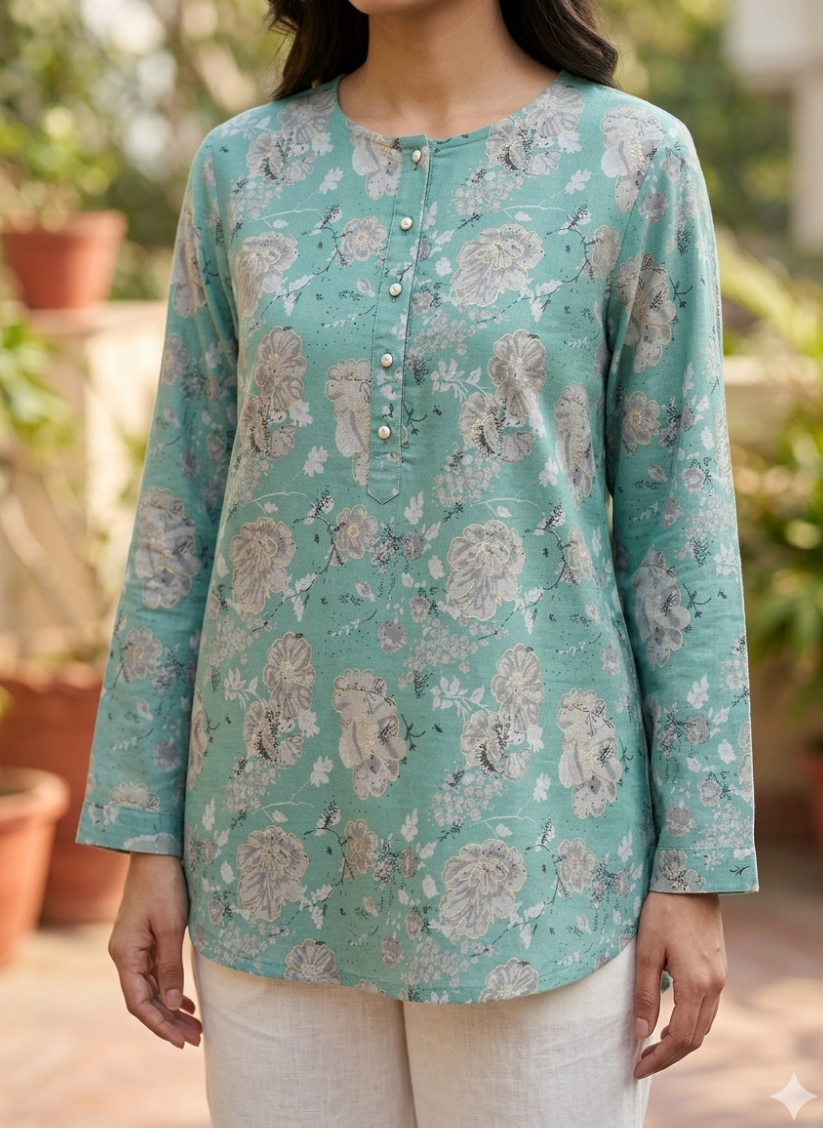 Pure cotton blue shirt in handcrafted print