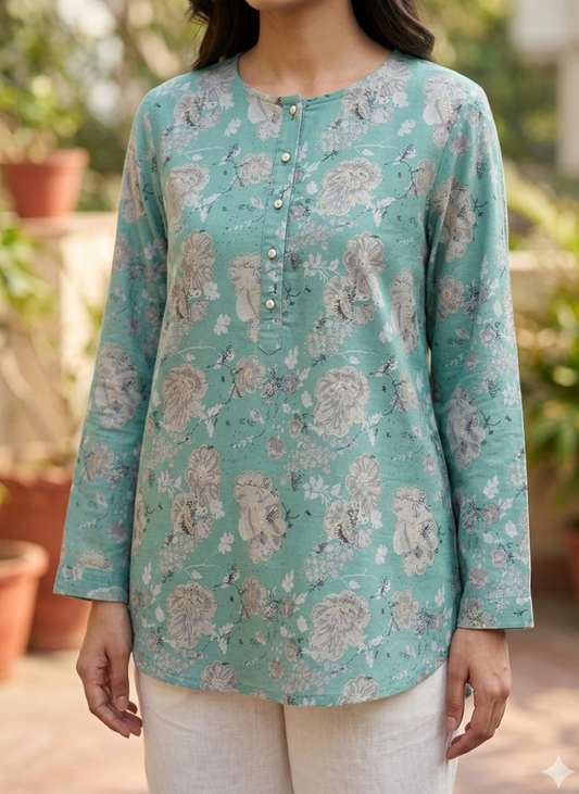 Pure cotton blue shirt in handcrafted print