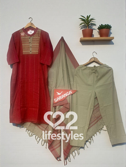 Washed Handloom Straight Suit Set with Woven Neckline Patch