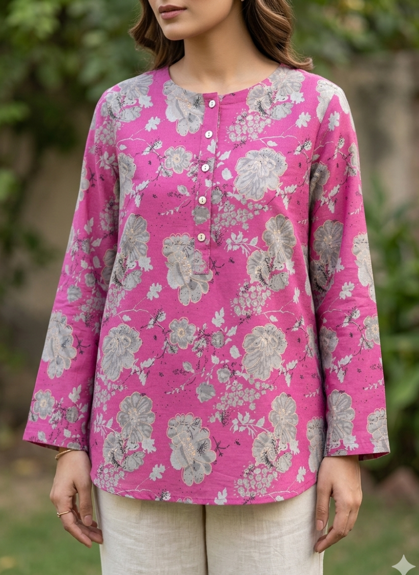 Pure cotton pink shirt in handcrafted print