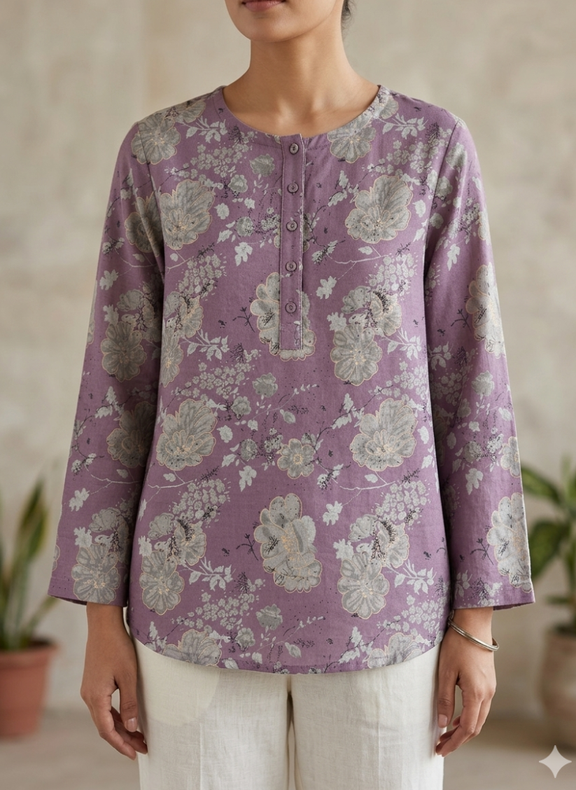Pure cotton purple shirt in handcrafted print