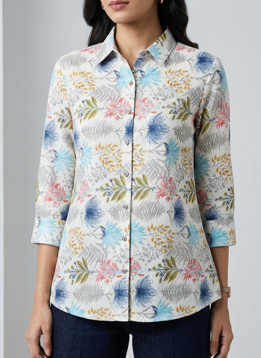 Pure cotton white shirt in handcrafted print