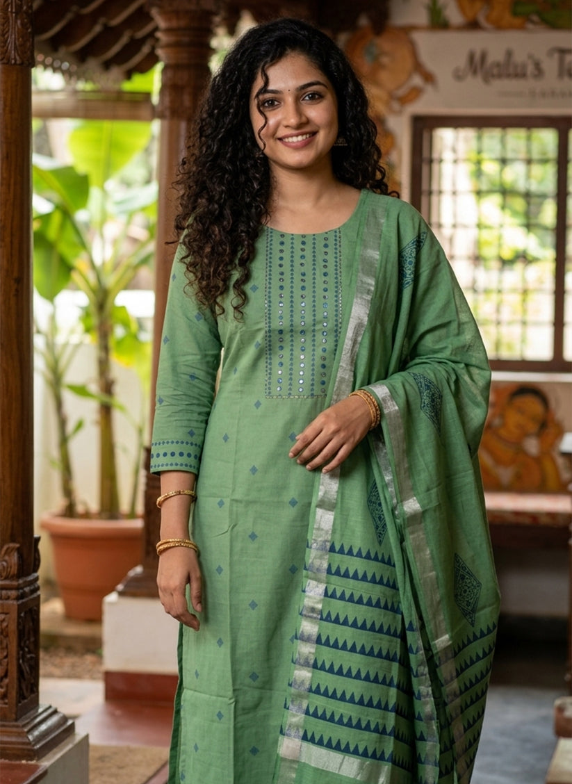 Handloom Kimisha Green kurti pant Dupatta sets
