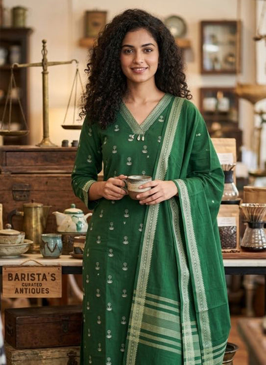 Handloom Bottle Green Kurti Pant Dupatta Set
