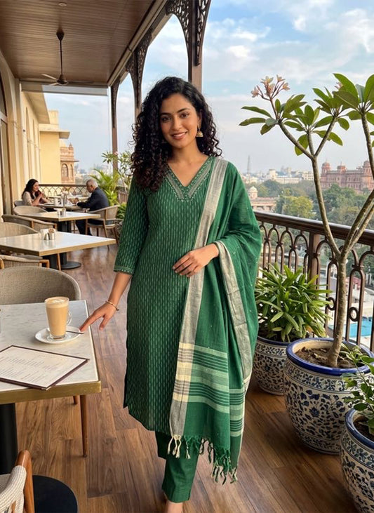 Handloom Green Kurti Pant Dupatta Set