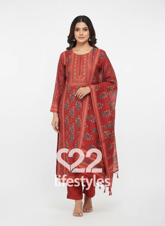 Rust Red Muslin Readymade Salwar Suit Set
