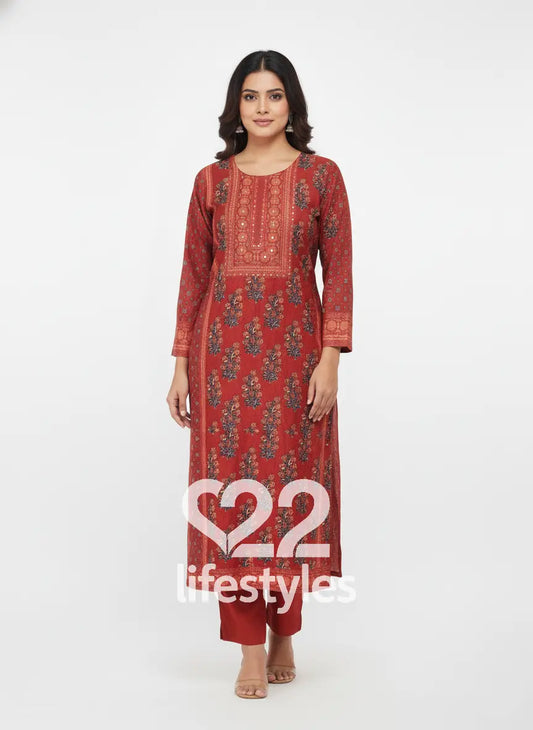 Rust Red Muslin Readymade Salwar Suit Set