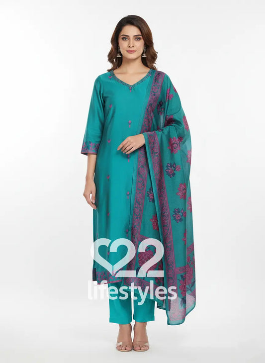 Maheshwari Jamdani Teal Readymade Salwar Suit Set