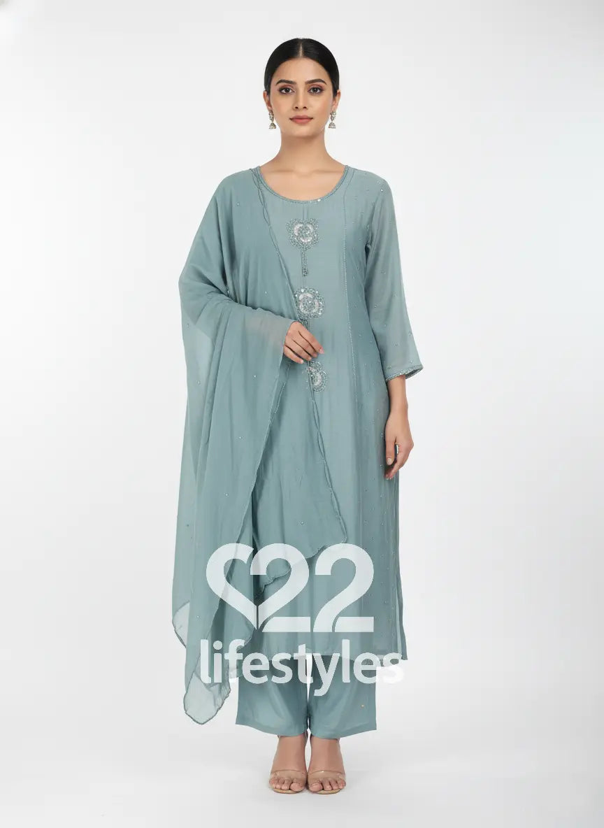 Sage Green Mul Chanderi Sequin & Floral Applique Embroidery Anarkali Salwar Suit