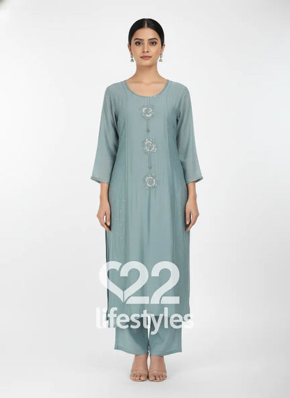 Sage Green Mul Chanderi Sequin & Floral Applique Embroidery Anarkali Salwar Suit