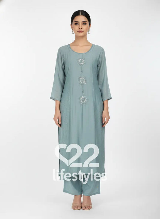 Sage Green Mul Chanderi Sequin & Floral Applique Embroidery Anarkali Salwar Suit