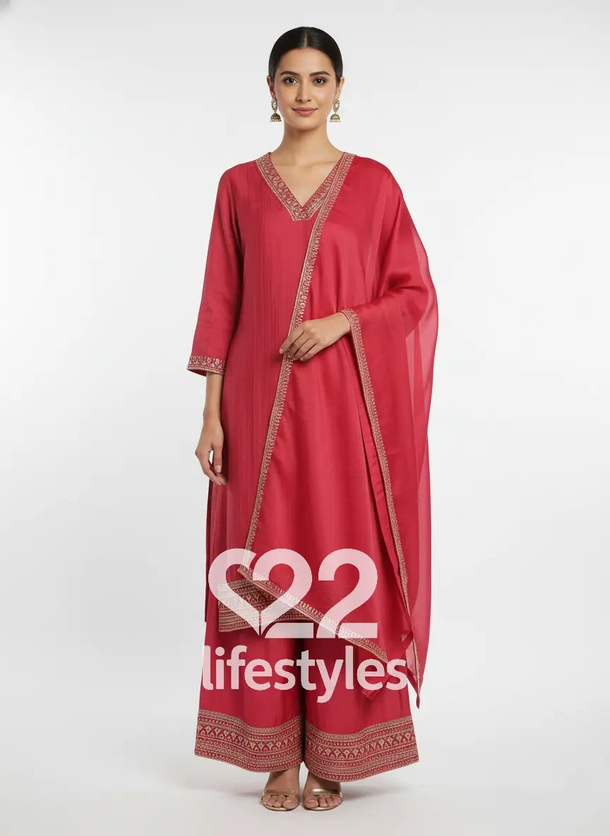 Rose Pink Muslin Readymade Salwar Suit Set