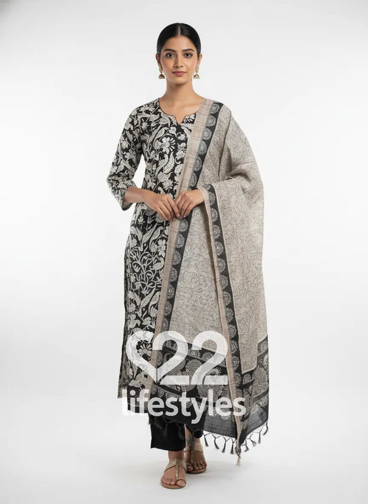 Black & Beige Tussar Readymade Salwar Suit