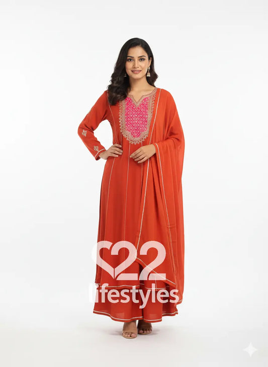 Orange Pure Crepe Readymade Anarkali Salwar Suit