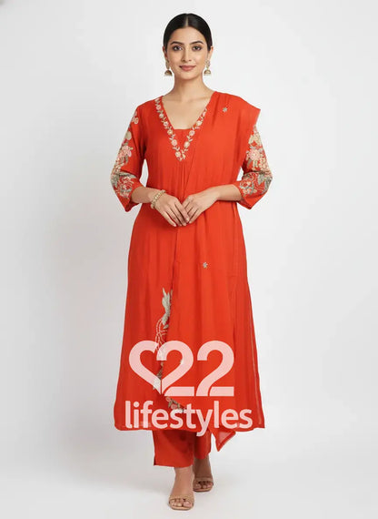 Orange Coral Mul Chanderi Readymade Anarkali Salwar Suit