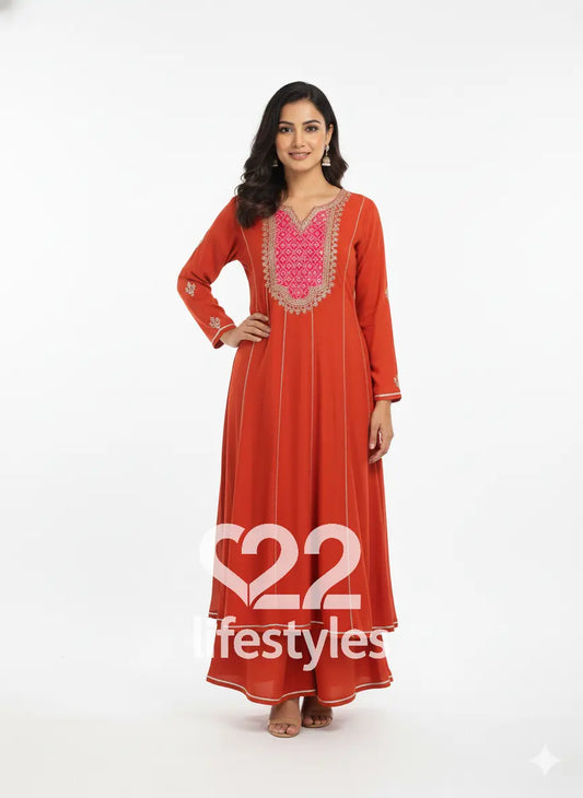 Orange Pure Crepe Readymade Anarkali Salwar Suit