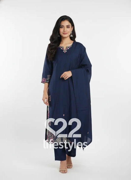 Midnight Blue Muslin Readymade Salwar Suit Set