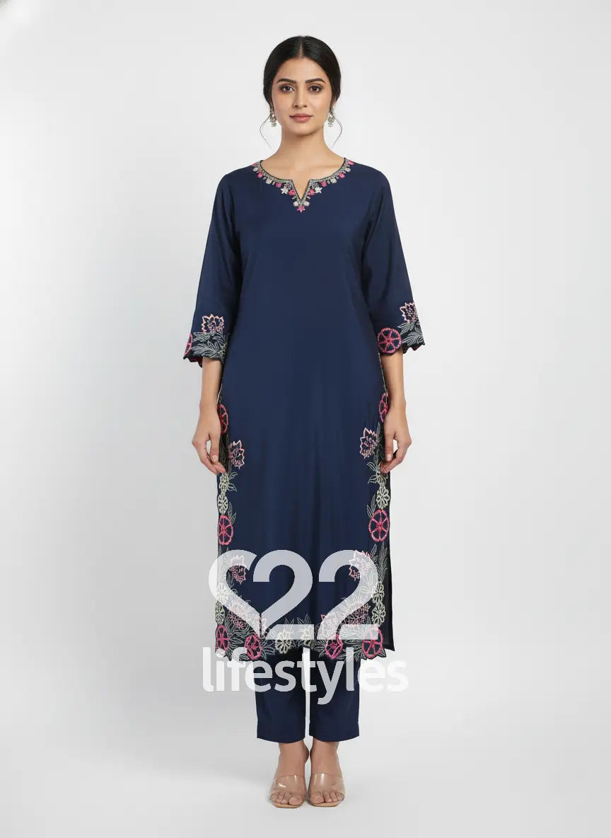 Midnight Blue Muslin Readymade Salwar Suit Set